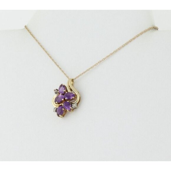10k Yellow Gold Natural Amethyst & Diamond Necklace 18" Chain - Picture 6 of 7
